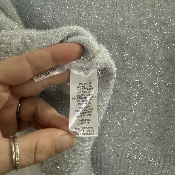 NWT Karl Lagerfeld Silver Fuzzy Gray C'est La Vie Sweater Crewneck Metallic Sz M - Picture 3 of 5